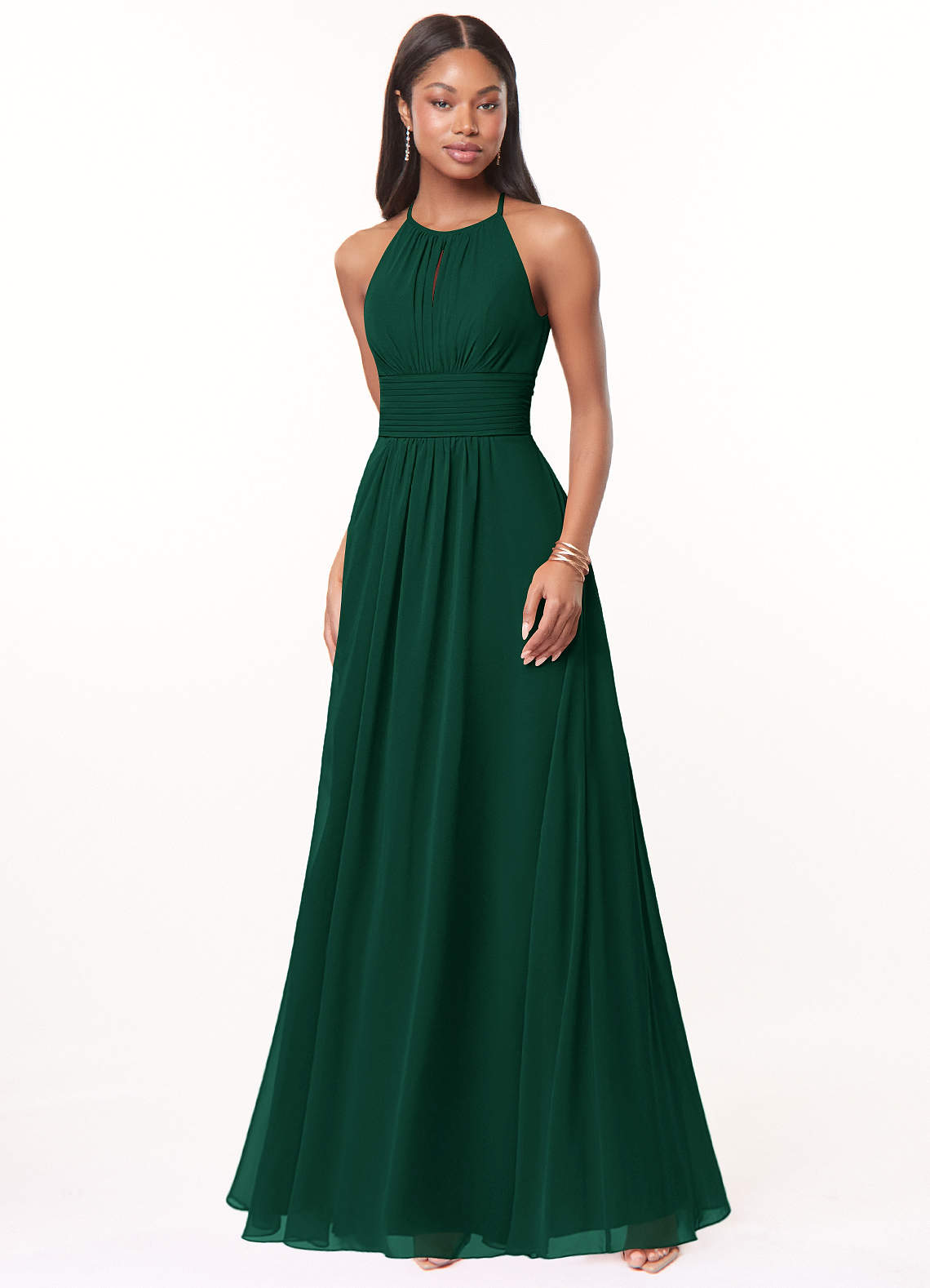 Azazie Plus Size A-Line Halter Neck Floor-Length Chiffon Bridesmaid Dresses - Emerald
