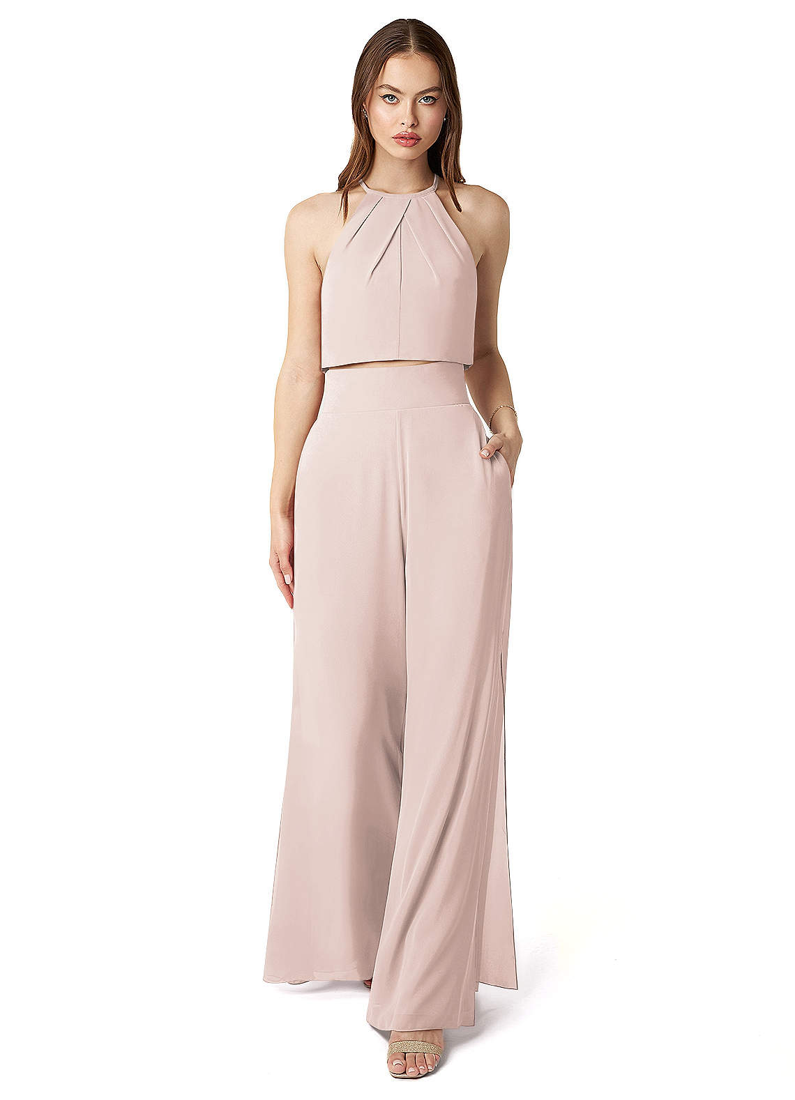 Azazie Kenzi Bridesmaid Dresses Rose Petal Pleated Chiffon Jumpsuit image1