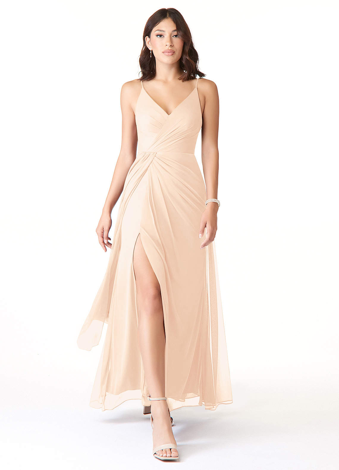 Azazie Evalin Bridesmaid Dresses Pearl Pink A-Line V-Neck Pleated Mesh Dress image1