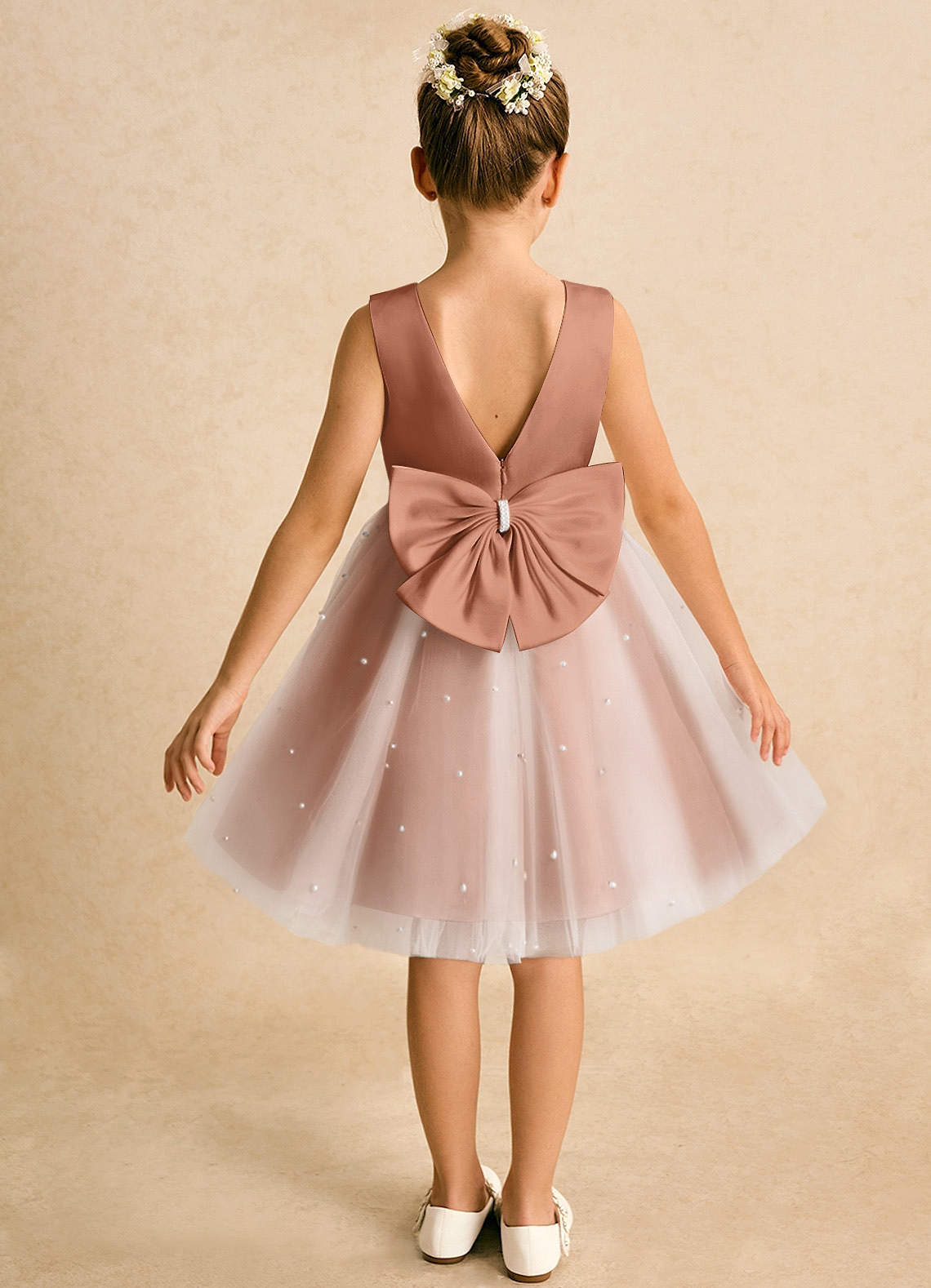 Azazie Esme Blumenmädchenkleider Ballkleid Schleifen Tüll Kleid Bronzer image1