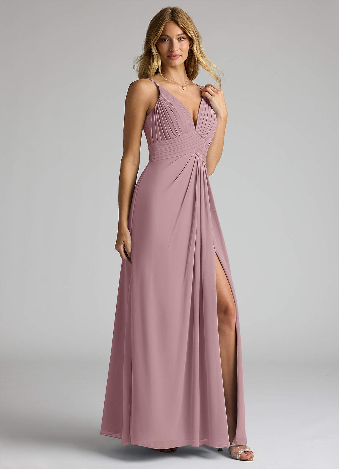 V-neck Dusty Rose Lace Chiffon A-line Bridesmaid Dresses