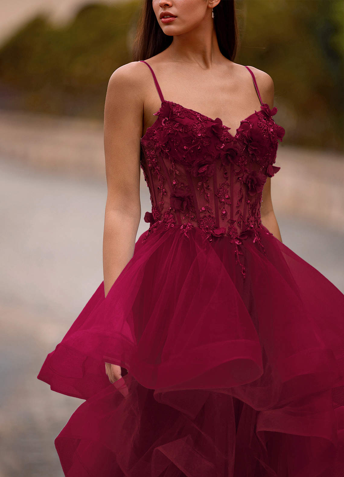 Azazie 2026 Sexy Ruffles 3D Flowers A-Line Prom Dress Burgundy Gown