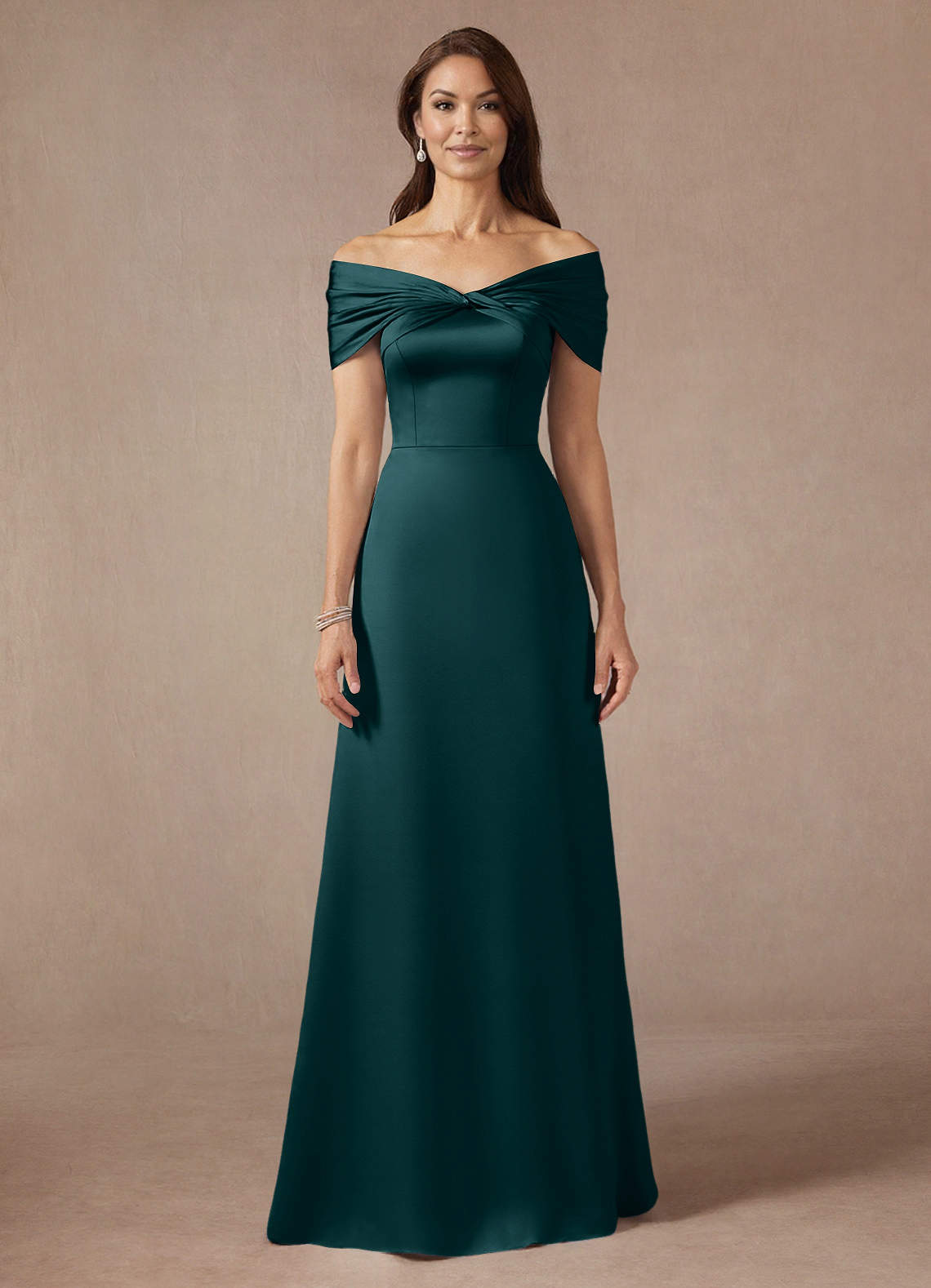 Azazie Amelia Mother of the Bride Dresses Pine A-Line Off the Shoulder Stretch Satin Dress image2