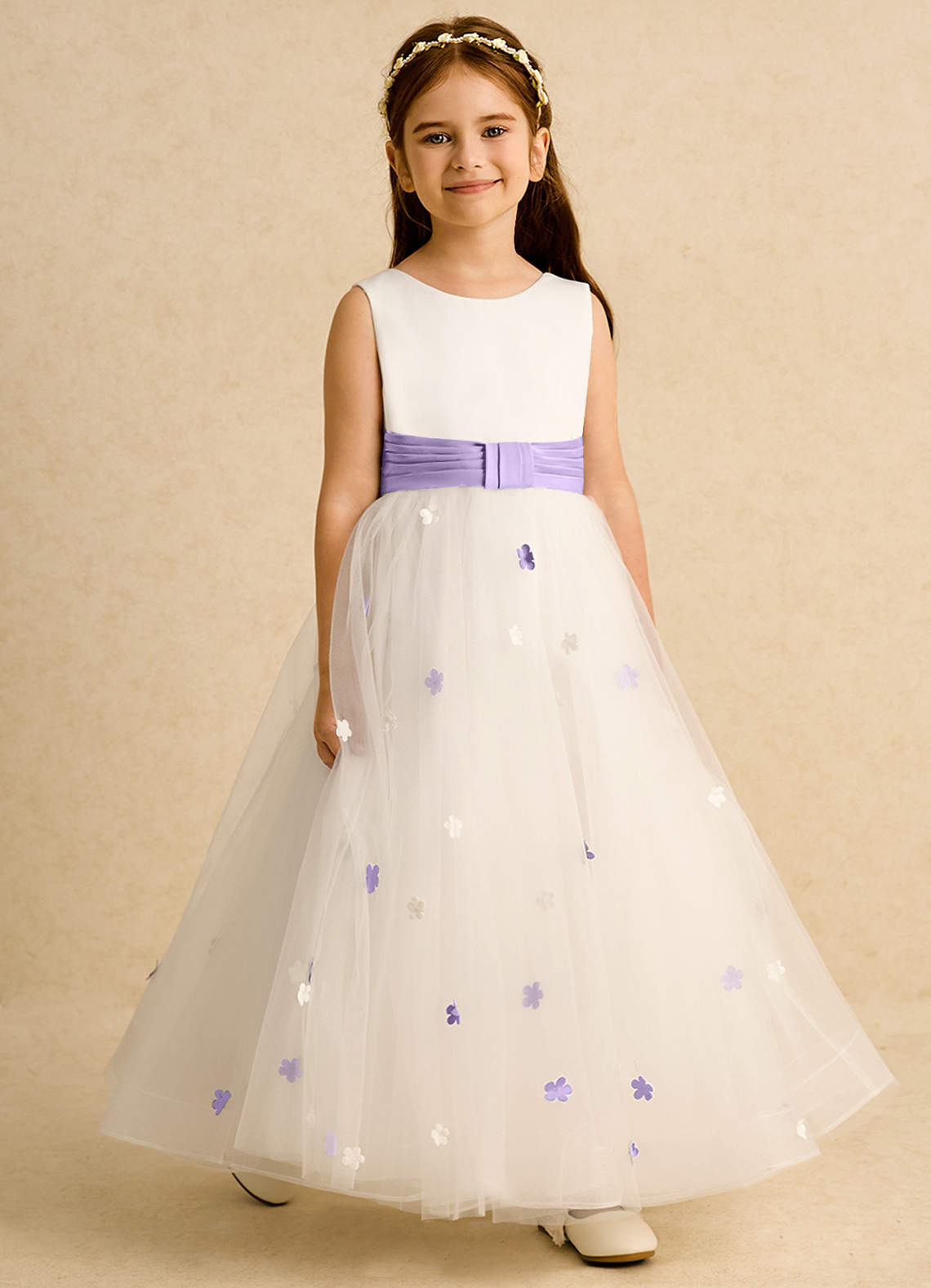 Azazie Cricket Flower Girl Dresses Ivory Lilac Ball-Gown Pleated Matte Satin Dress image5