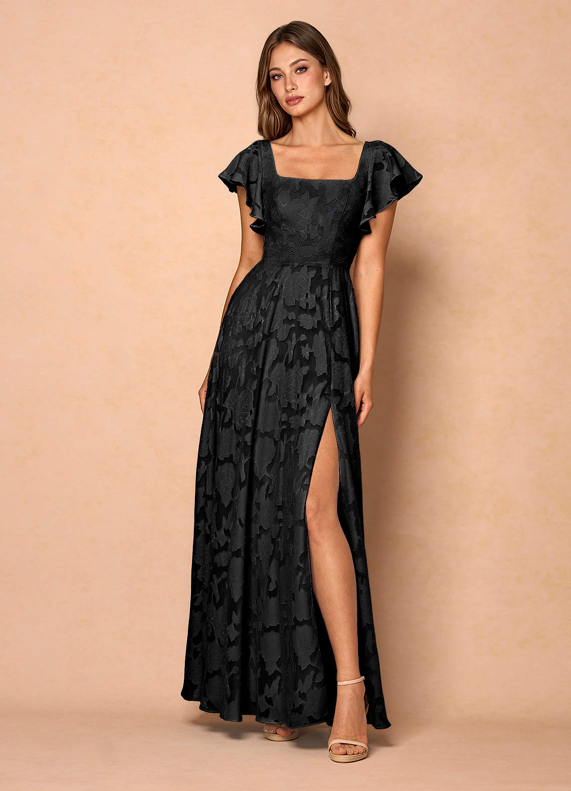 Azazie Wedding Guest Dress Black Maxi A-Line Square Ruffles