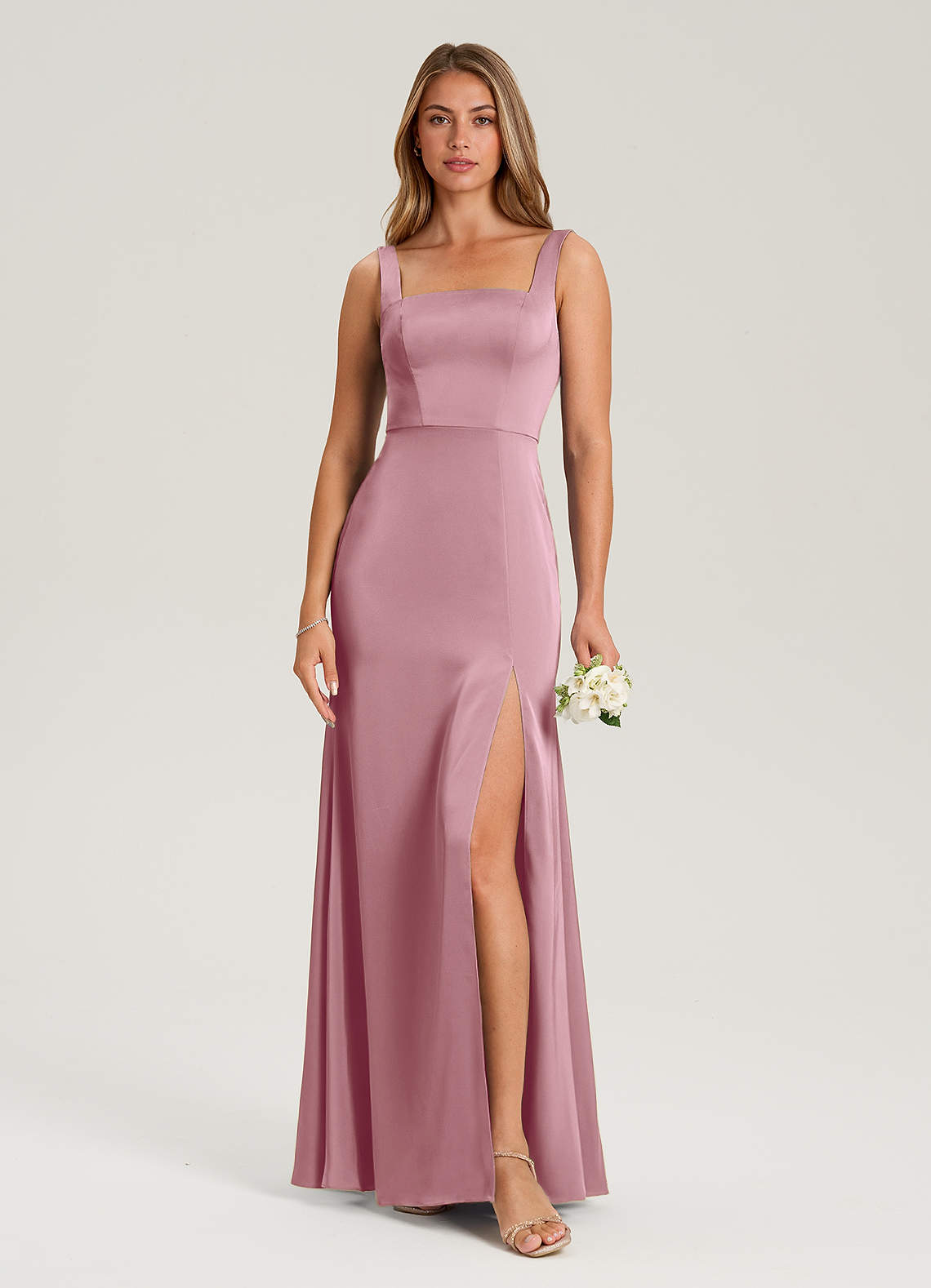 Azazie Frostine Bridesmaid Dresses Vintage Mauve A-Line Bow Stretch Satin Dress image1