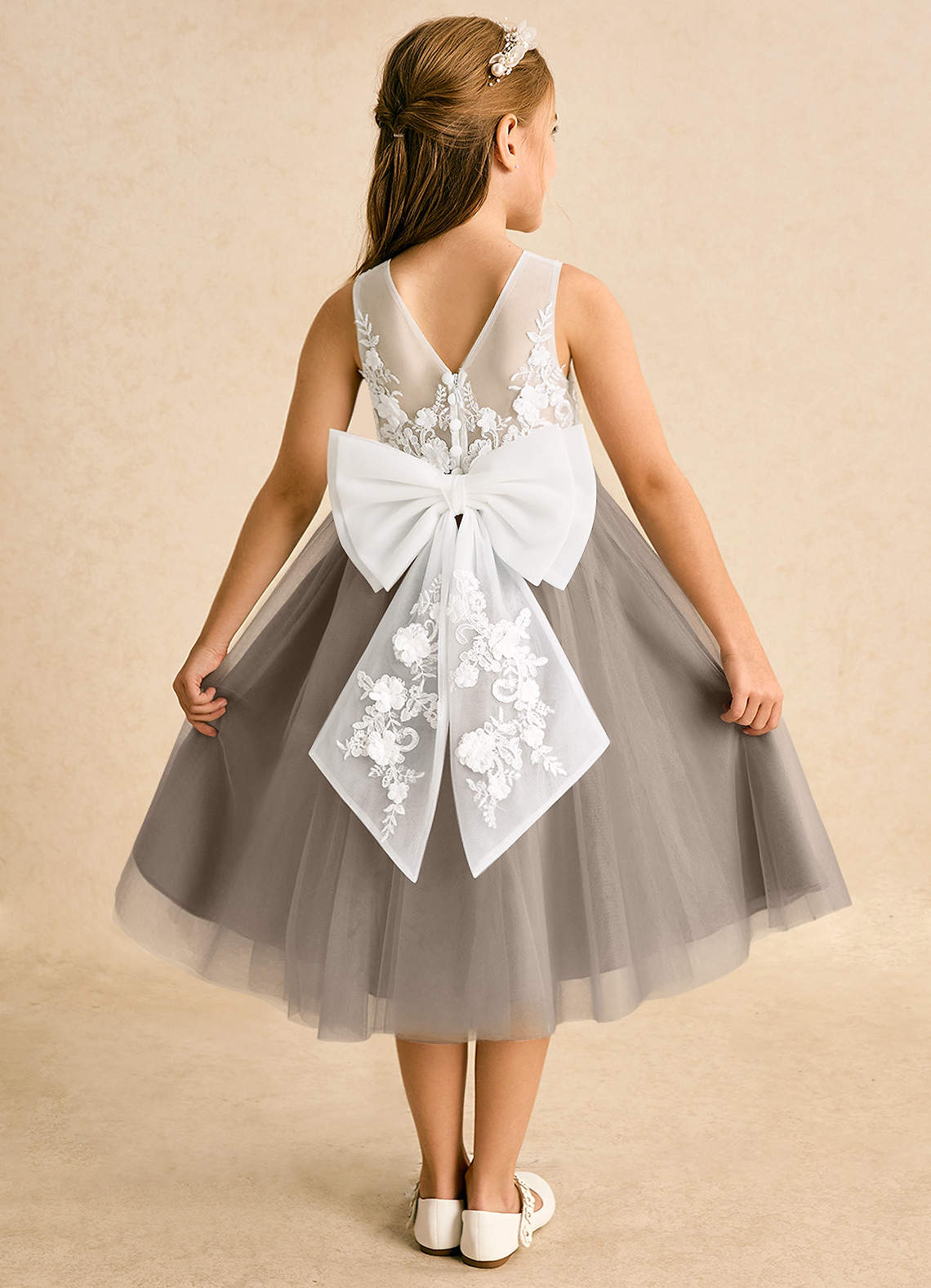 Azazie Lina Flower Girl Dresses Ivory Taupe Ball-Gown Lace Dress image1