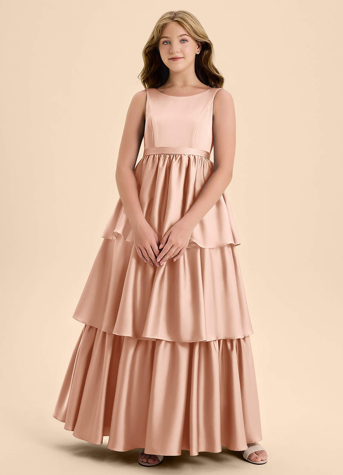 Azazie Meadowyn Junior Abito A-Line in Raso Elasticizzato Fiocco Oro Rosa image1