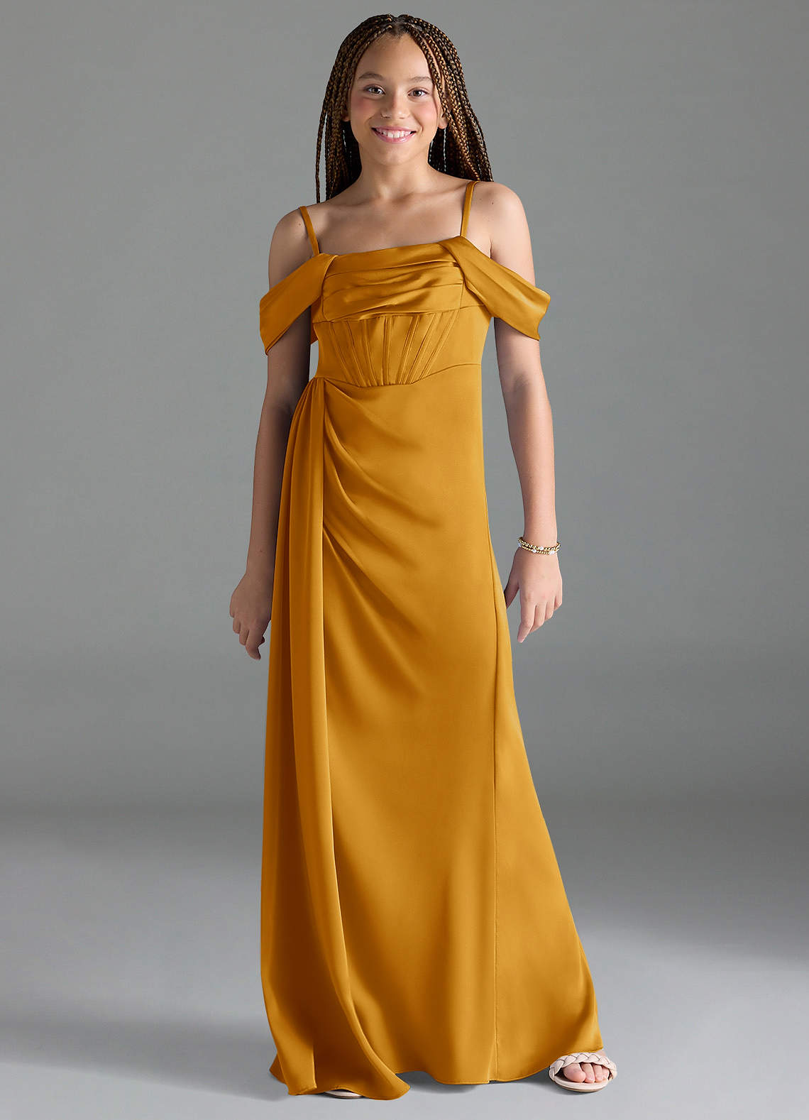 Azazie Amyra Junior Butterscotch Sheath Off the Shoulder Stretch Satin Dress image1