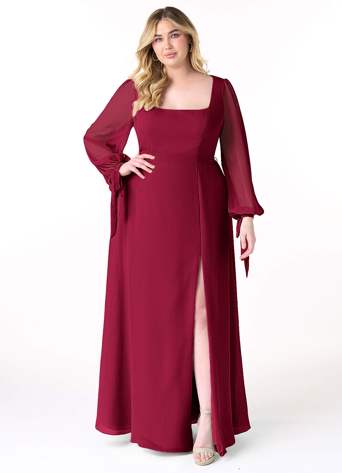 Azazie Leonia Brautjungfernkleider A-Linie Langarm Chiffon Kleid Burgunderrot image1