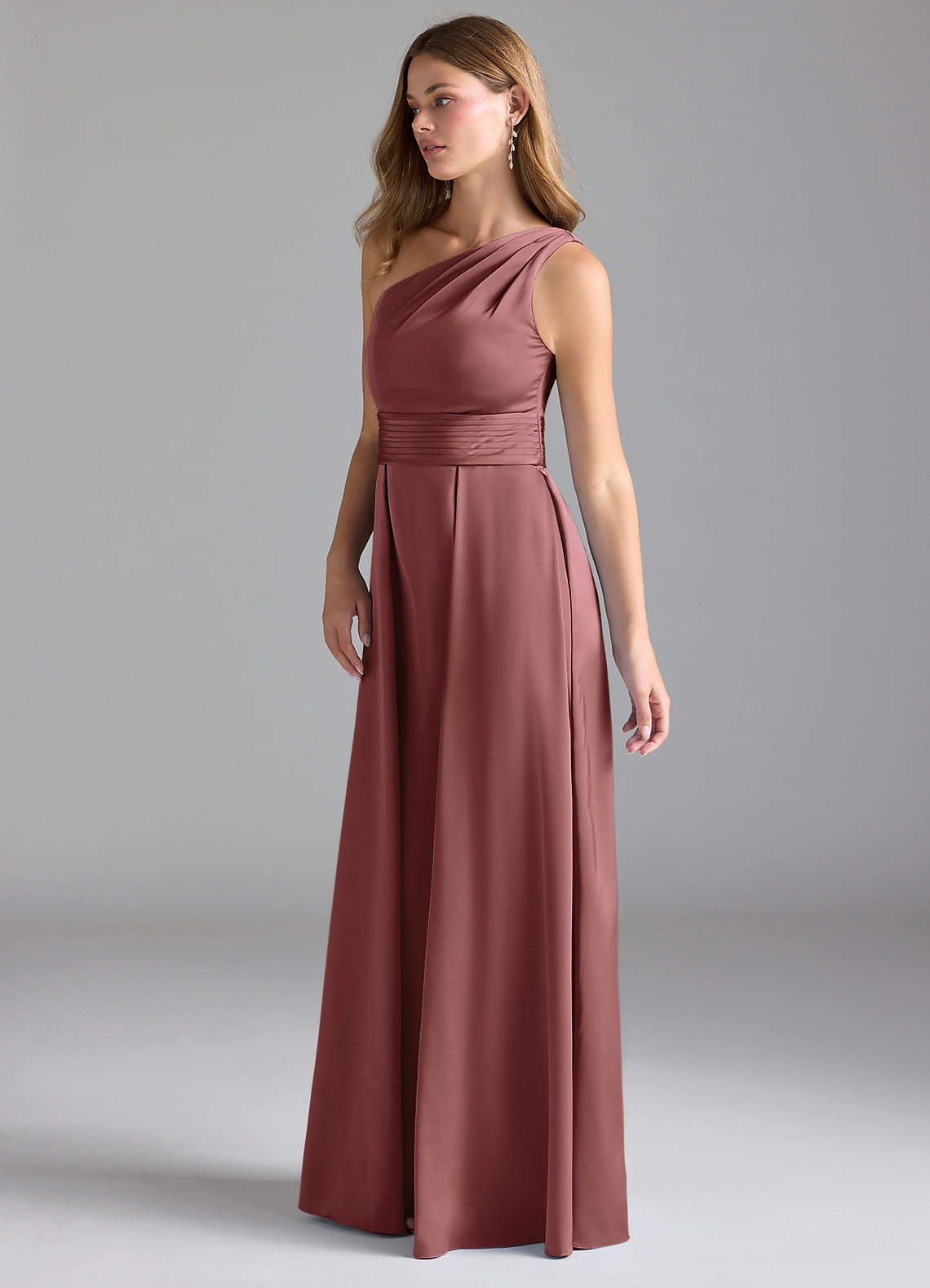 Azazie Dallas Vestidos de damas de honor Vestido de Amatista de Satén Elástico de Corte en A con Hombro unilateral image4