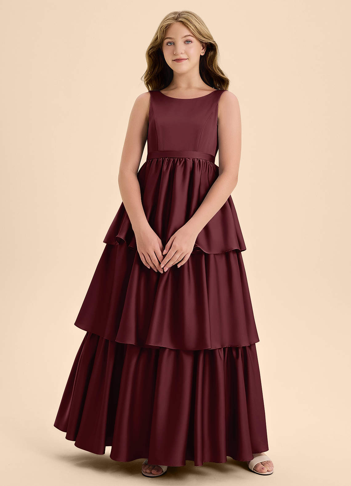 Azazie Meadowyn Junior Cabernet A-Line Bow Stretch Satin Dress image1