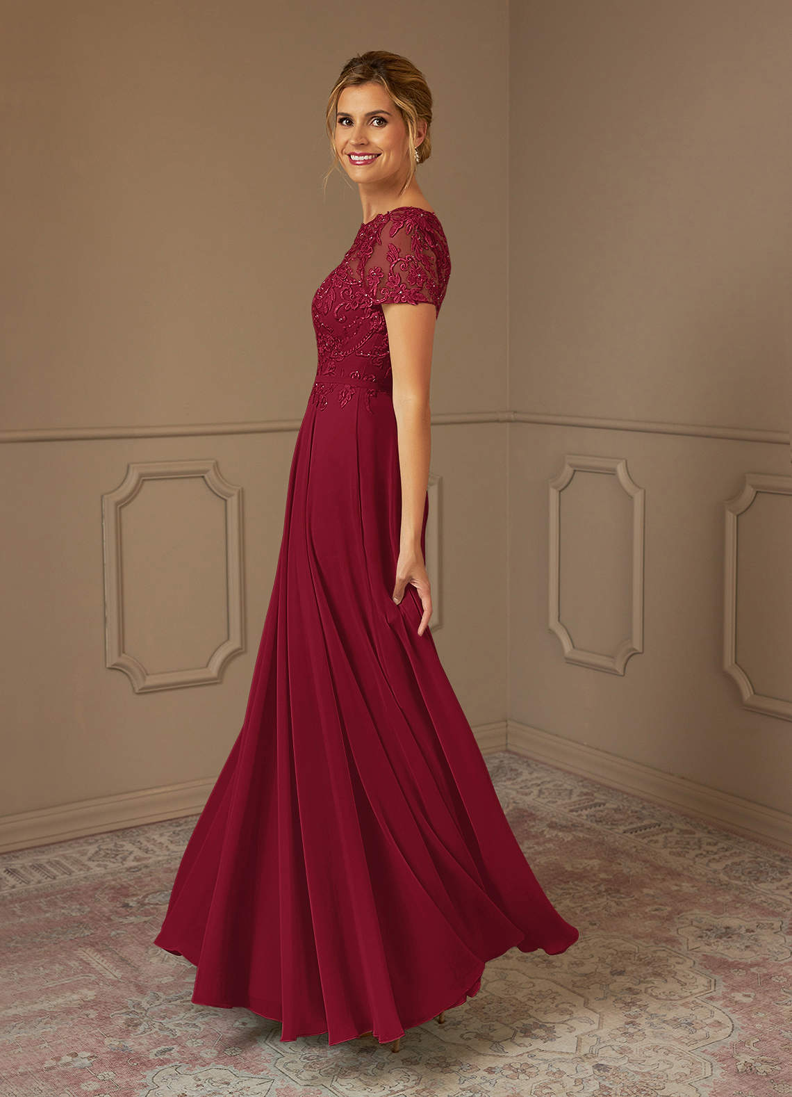 Burgundy Azazie Adina A Line Boatneck Sequins Chiffon Floor Length