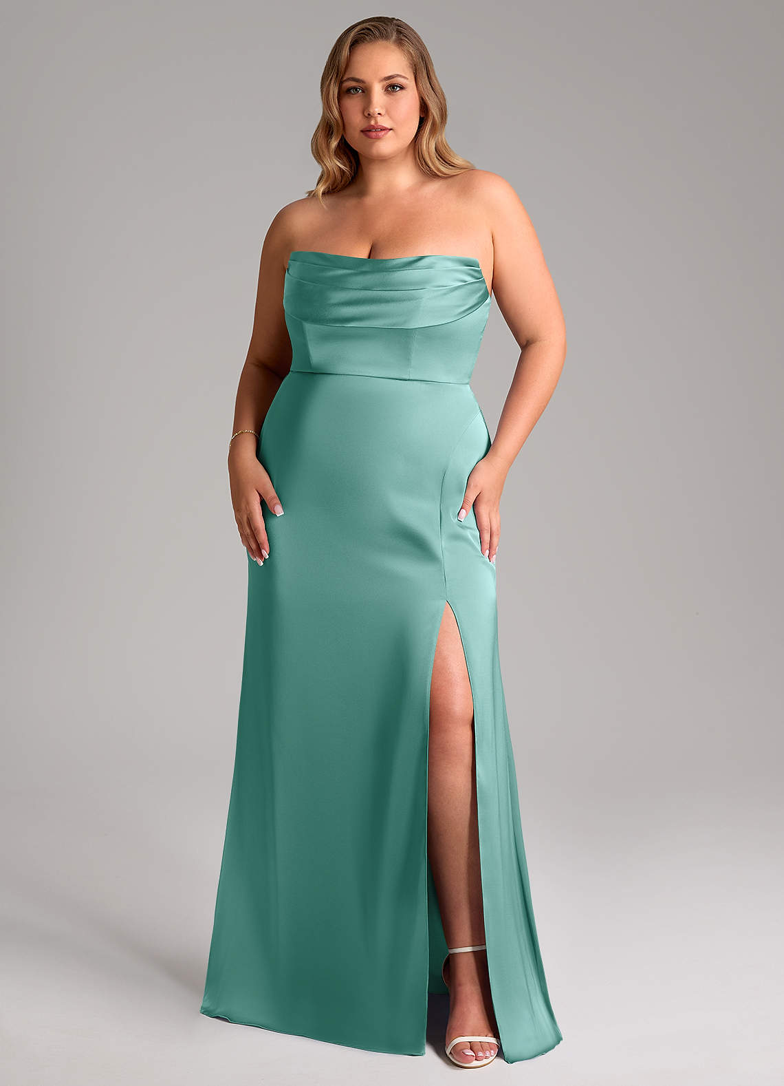 Azazie Saige Bridesmaid Dresses Aqua Sheath Off the Shoulder Stretch Satin Dress image15