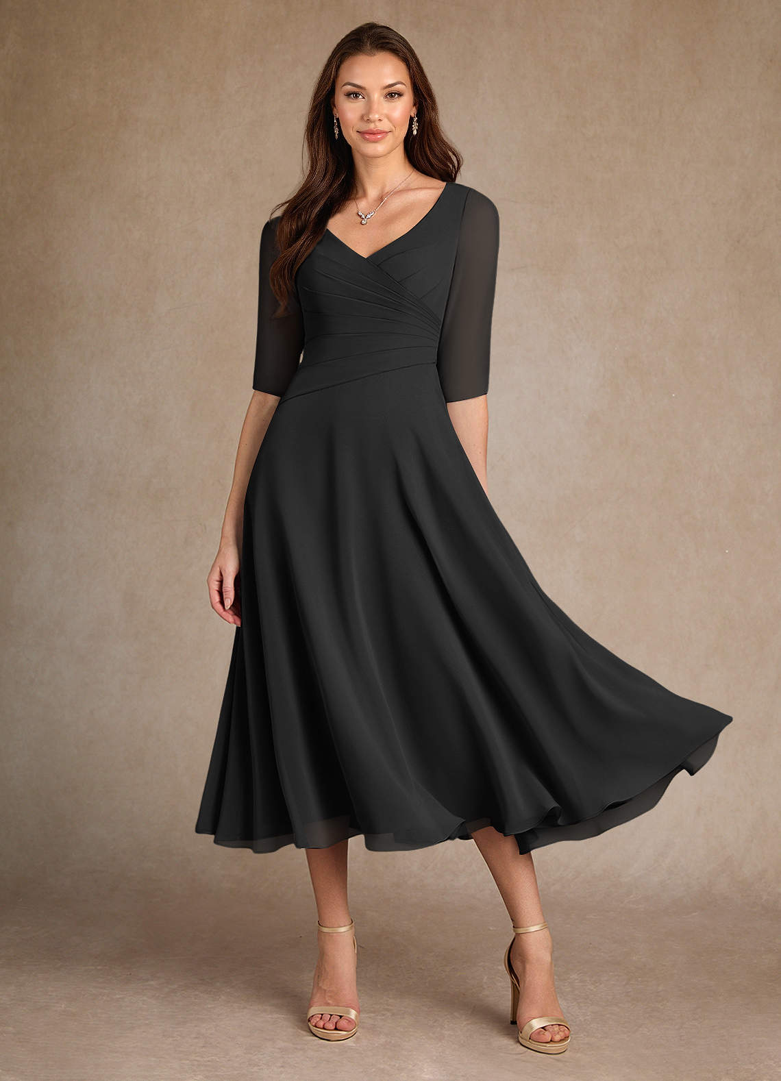 black chiffon tea length dress Black Wedding Guest Dress Short 2026 A-line Sleeveless V-neck Chiffon