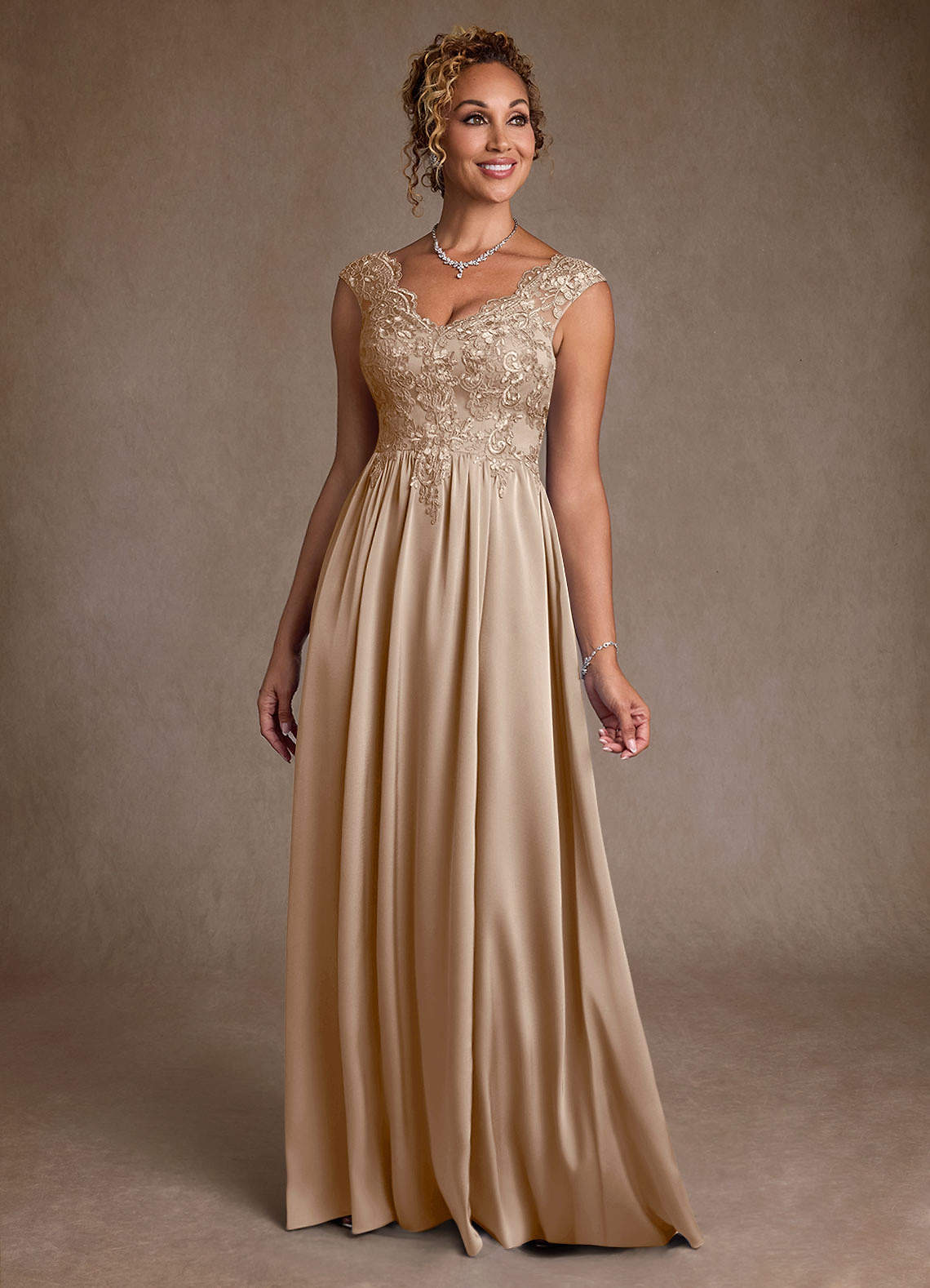 Azazie Amethyst Mother of the Bride Dresses Taupe A-Line Lace Dress image1