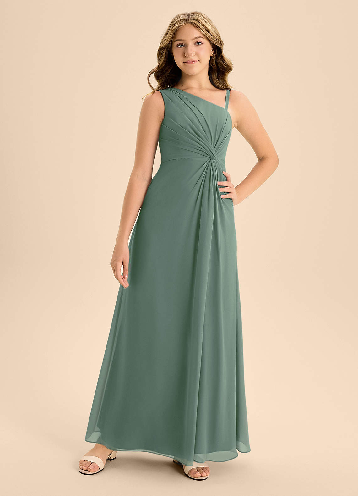 Azazie Brooke Junior Eucalyptus A-Line Side Slit Chiffon Dress image3