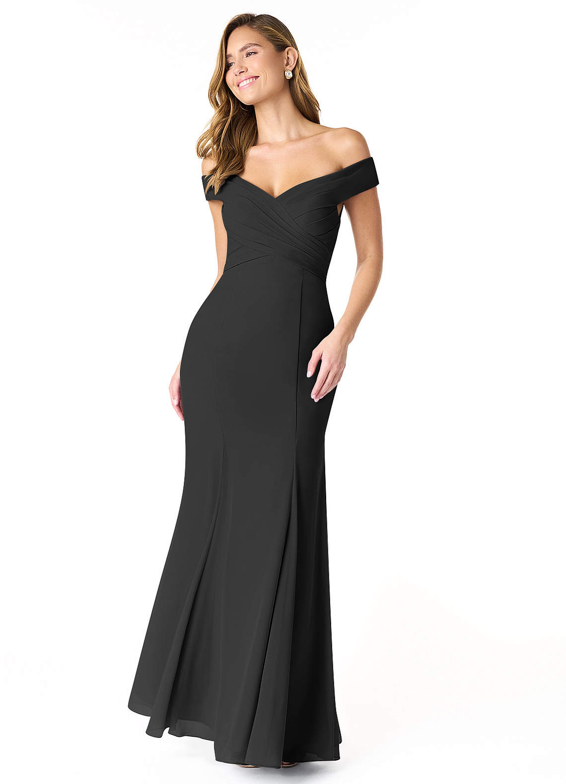 Azazie Lecia Robes de demoiselle d'honneur Robe Empire Convertible en Mousseline de soie Schulterfrei, plissiert Noir image1