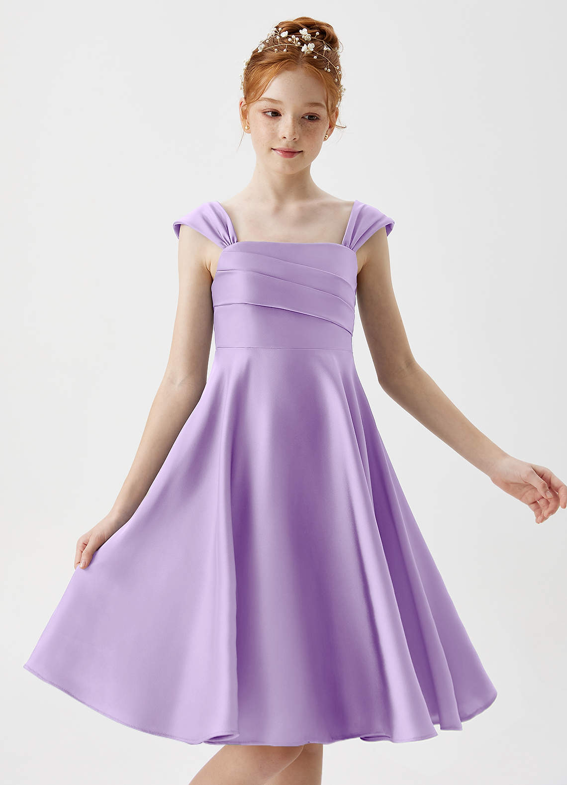 Azazie Amira Junior Lilac A-Line Pleated Stretch Satin Dress image2