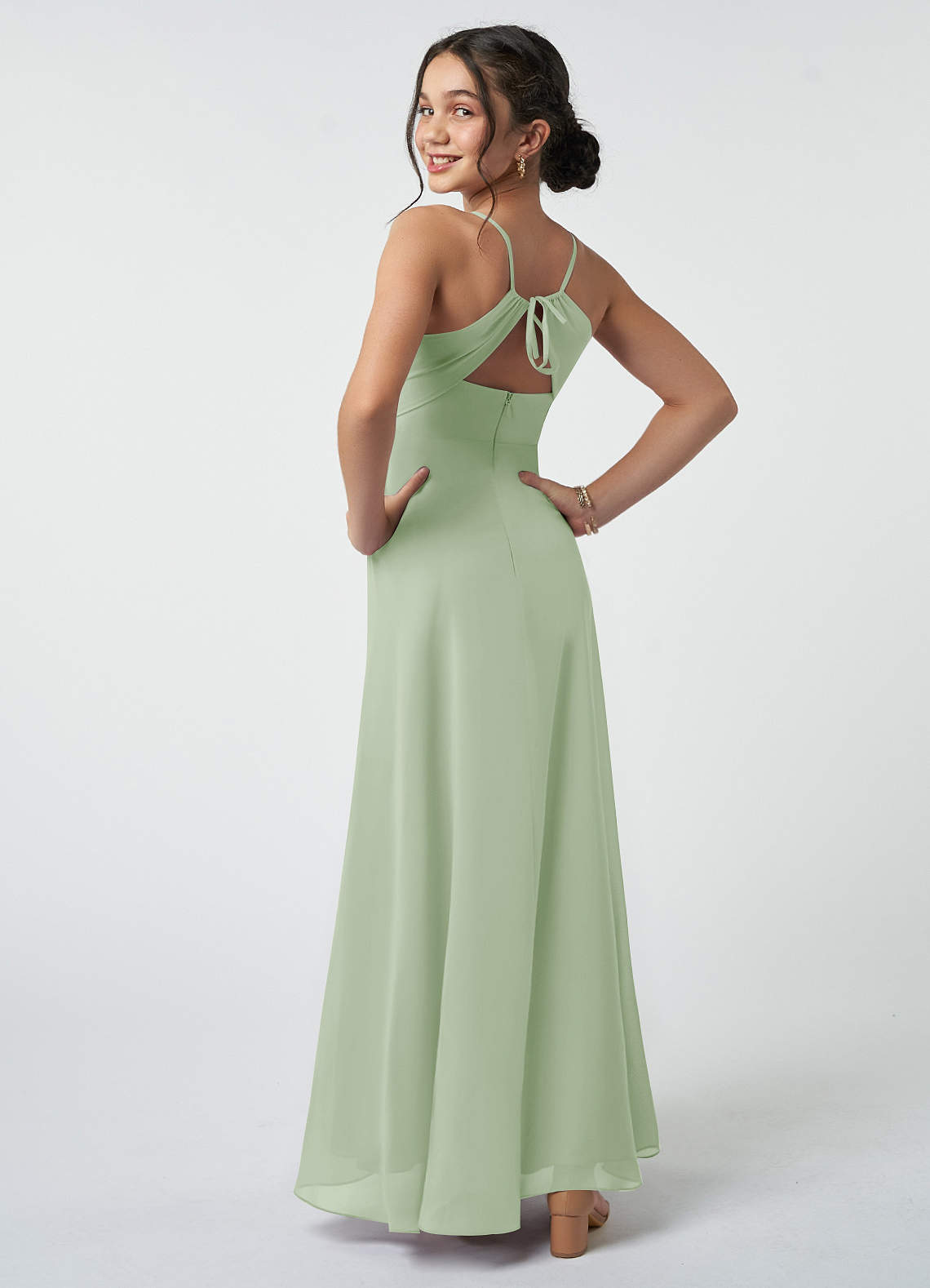 Azazie Avelina Junior Dusty Sage A-Line Pleated Chiffon Dress image4