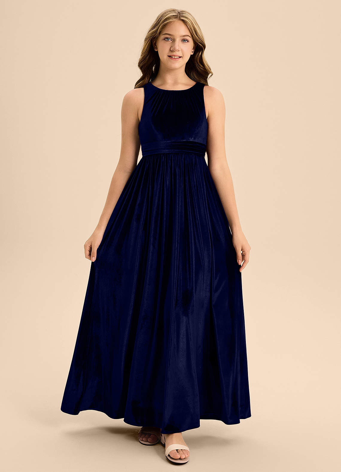 Azazie Jaylah Junior Dark Navy A-Line Pleated Velvet Dress image1