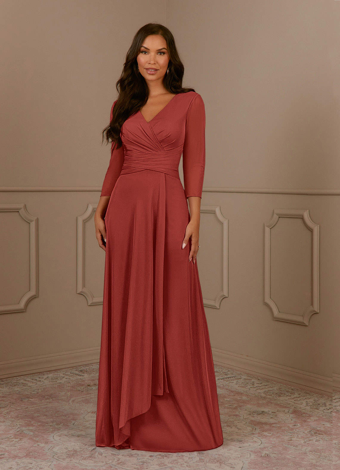 Azazie Annetta Mother of the Bride Dresses Terracotta A-Line V-Neck Pleated Mesh Dress image1