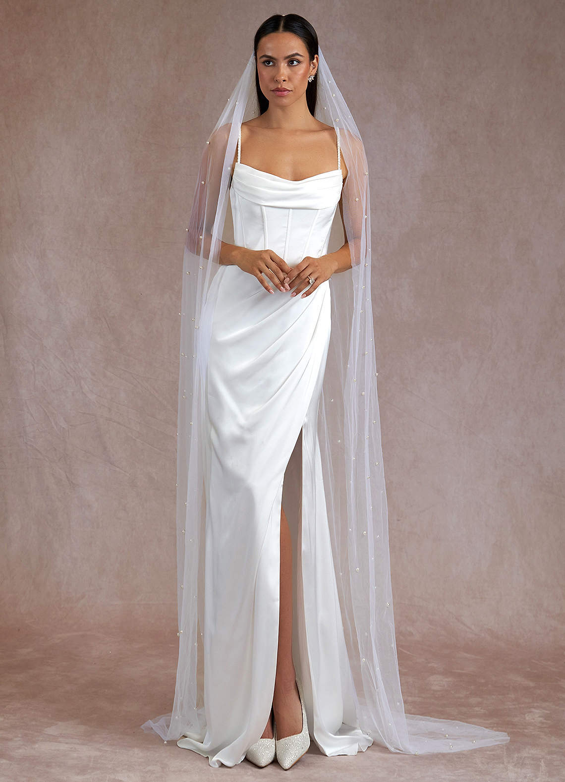 front Reyna Pearl Chapel Length Veil