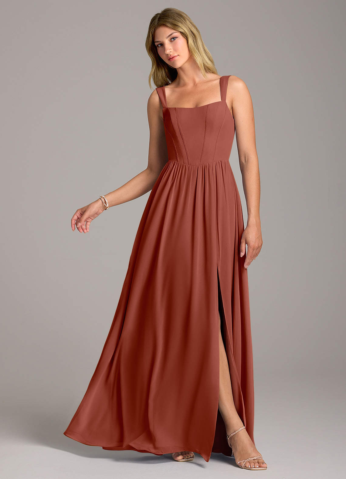 Azazie Rosaline Bridesmaid Dresses Auburn A-Line Side Slit Chiffon Dress image1