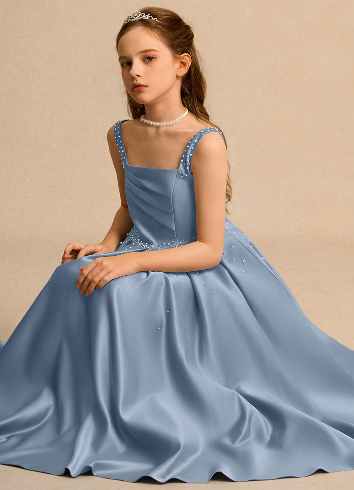 Azazie Mochi Girl Junior Formal Flower Girl Dresses Dusty Blue Ball-Gown Pleated Matte Satin Dress image2