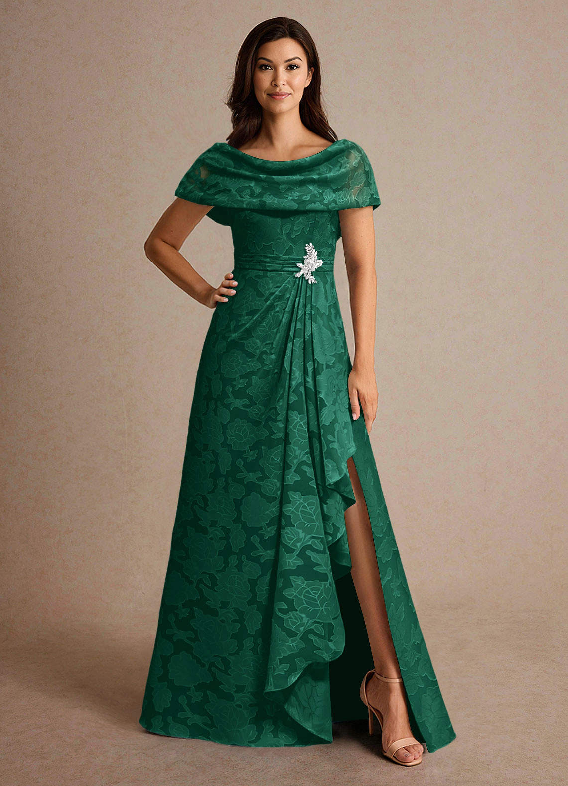 Azazie Branford vestidos de madre de la novia Vestido de Esmeralda de Devorado Floral de Corte En A con Plisado image1