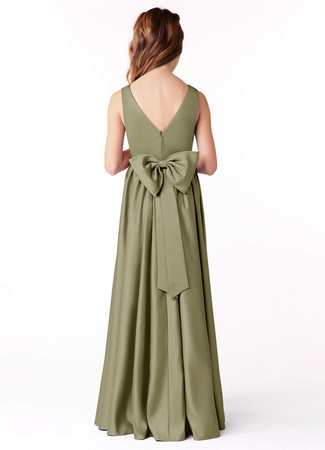Azazie Hathaway Junior Vestido de Pistacho de Satén Elástico de Corte En A con Lazo image1