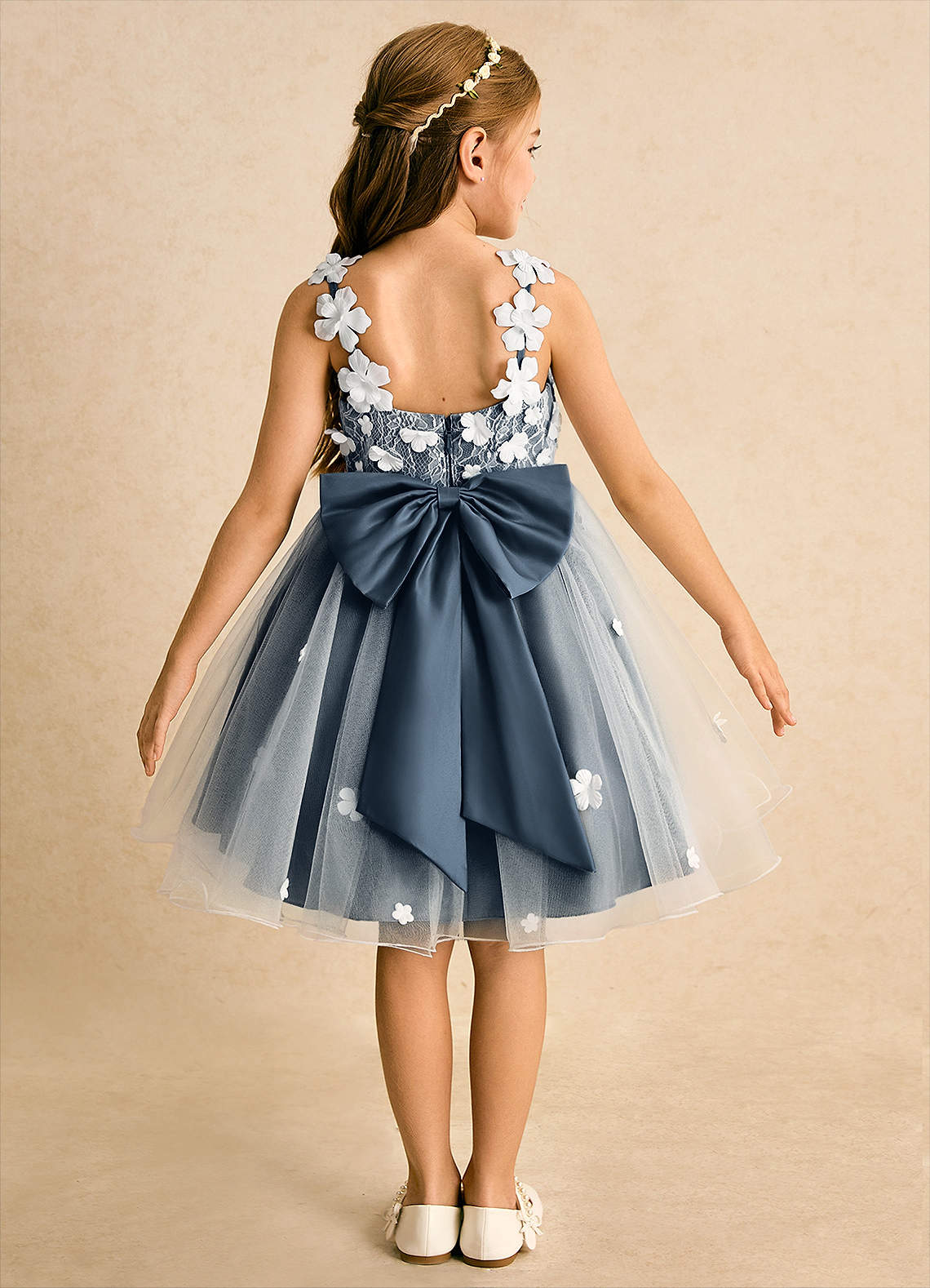 Azazie Junebug vestidos de niña de las flores Vestido de Marfil Azul Petróleo de Tul de Princesa con Encaje image1