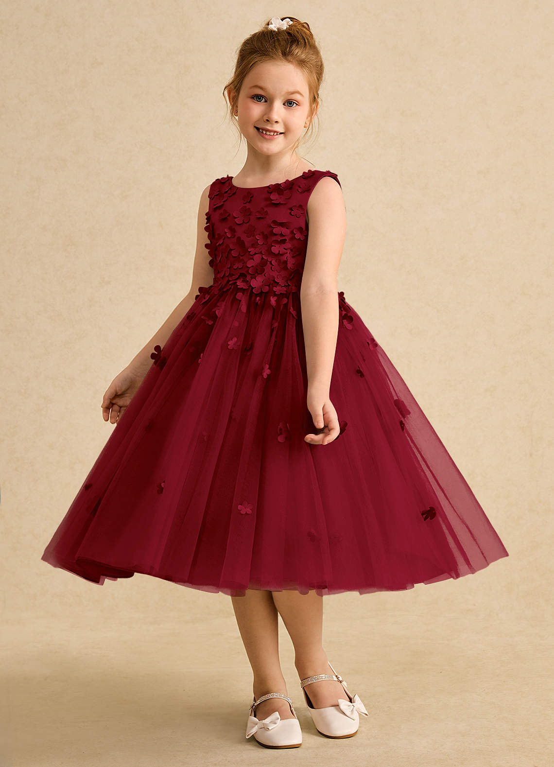 Azazie Lana Flower Girl Dresses Burgundy A-Line Sleeveless Matte Satin Dress image2