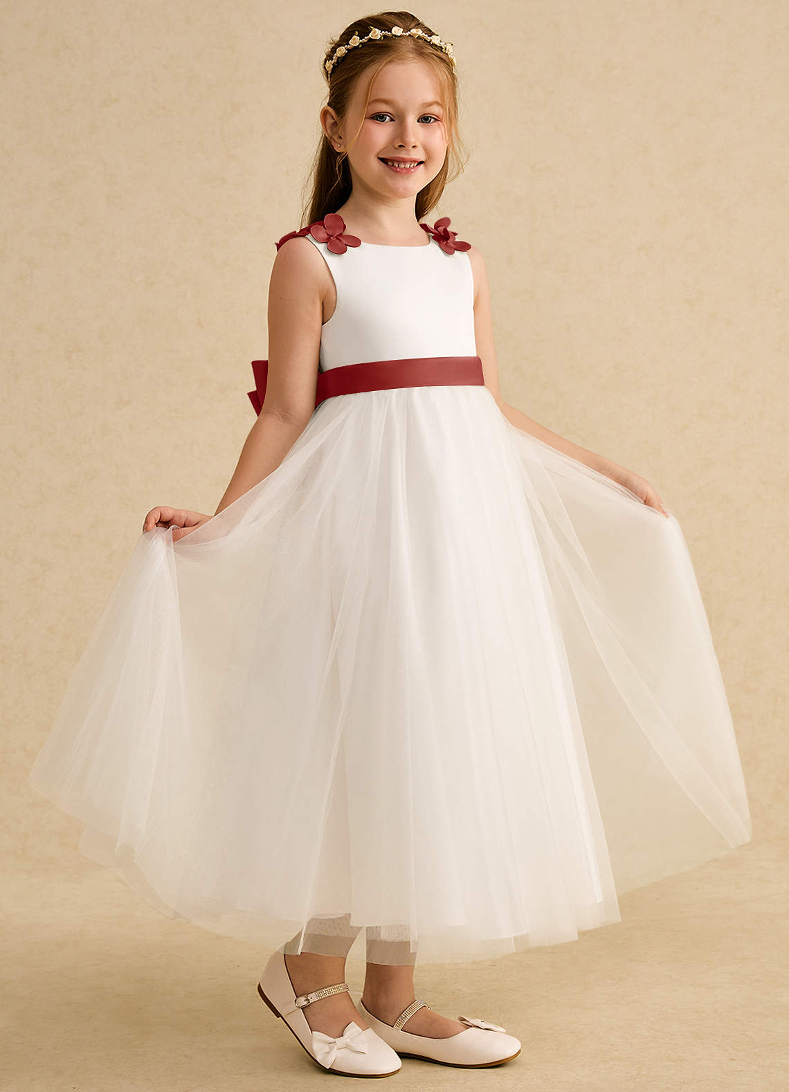 Azazie Lilli Blumenmädchenkleider A-Linie Schleifen Tüll Kleid Elfenbein Terrakotta image1