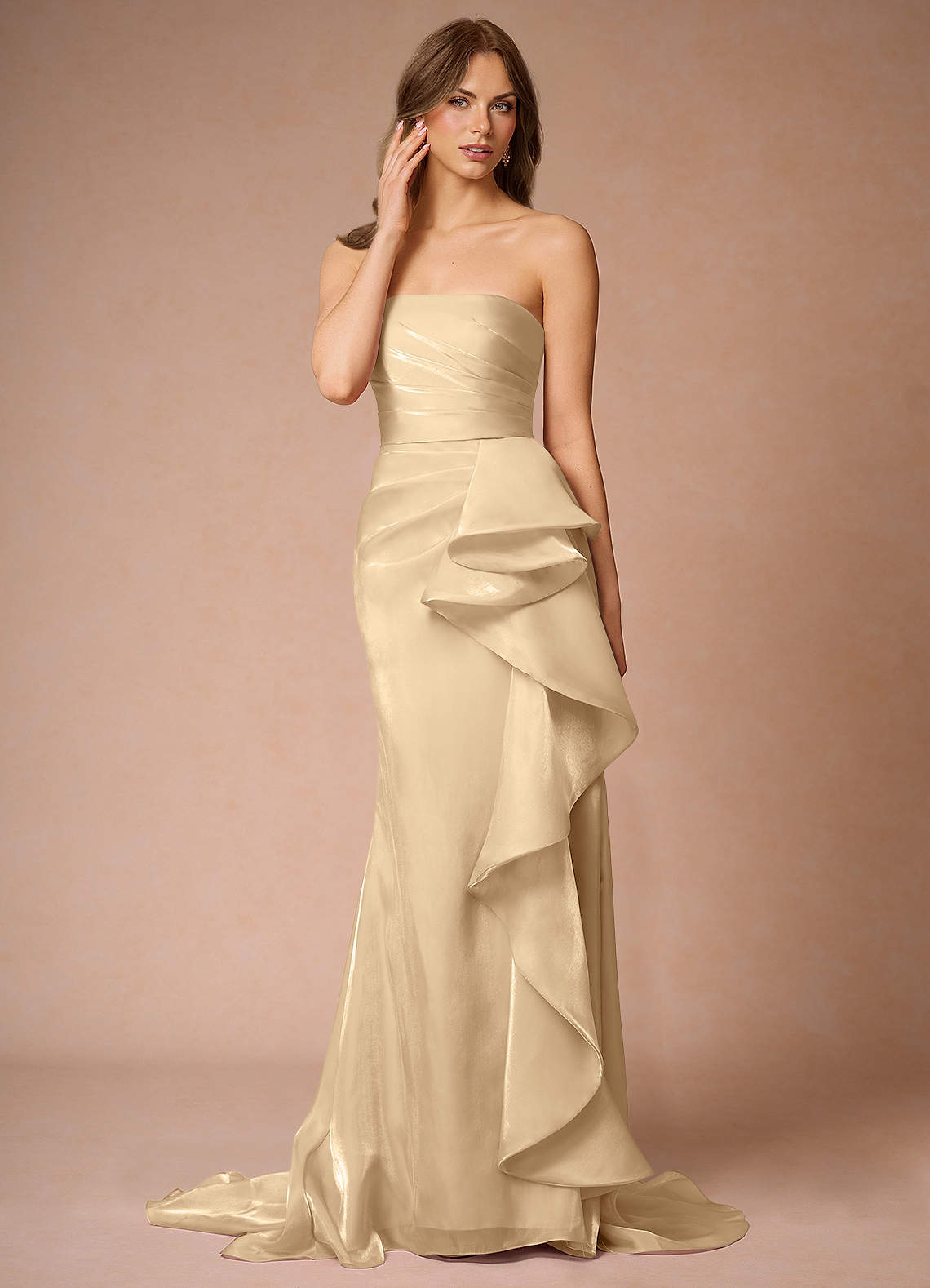 champagne strapless cocktail dress Monroe Strapless Gown w/ Side Sash- Champagne
