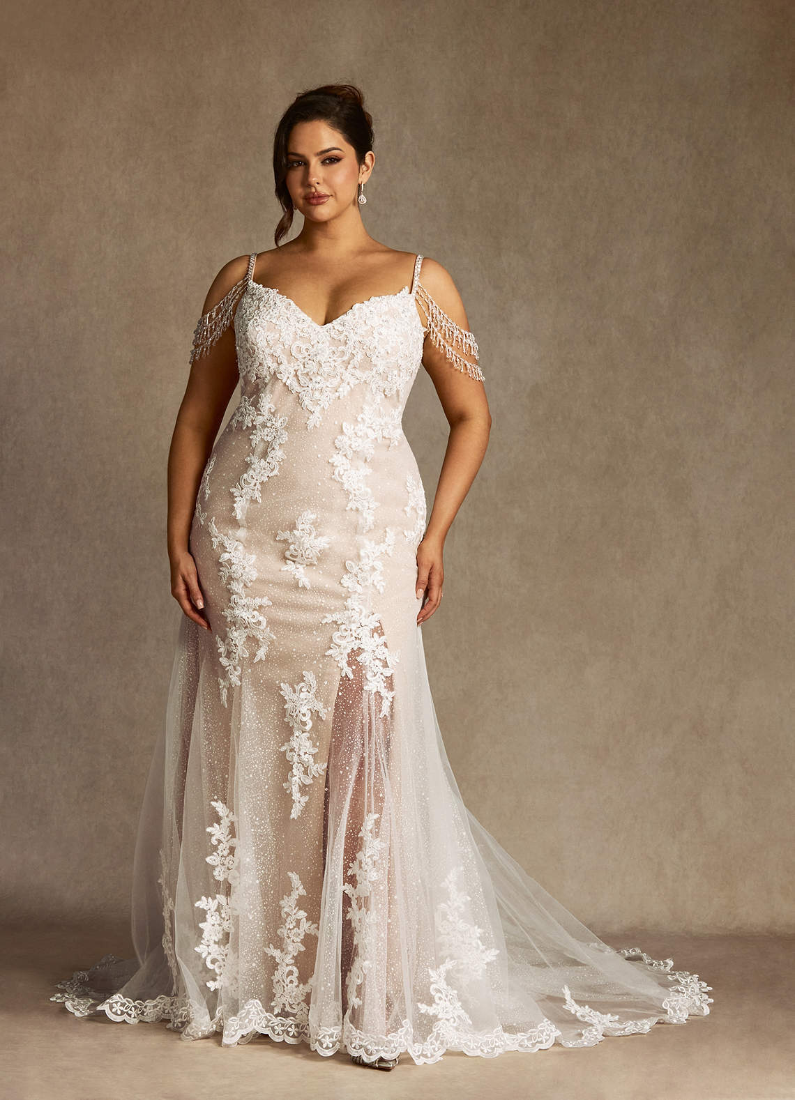 Azazie Saskia Wedding Dresses Diamond White Nude Mermaid Sequins Tulle Dress image1