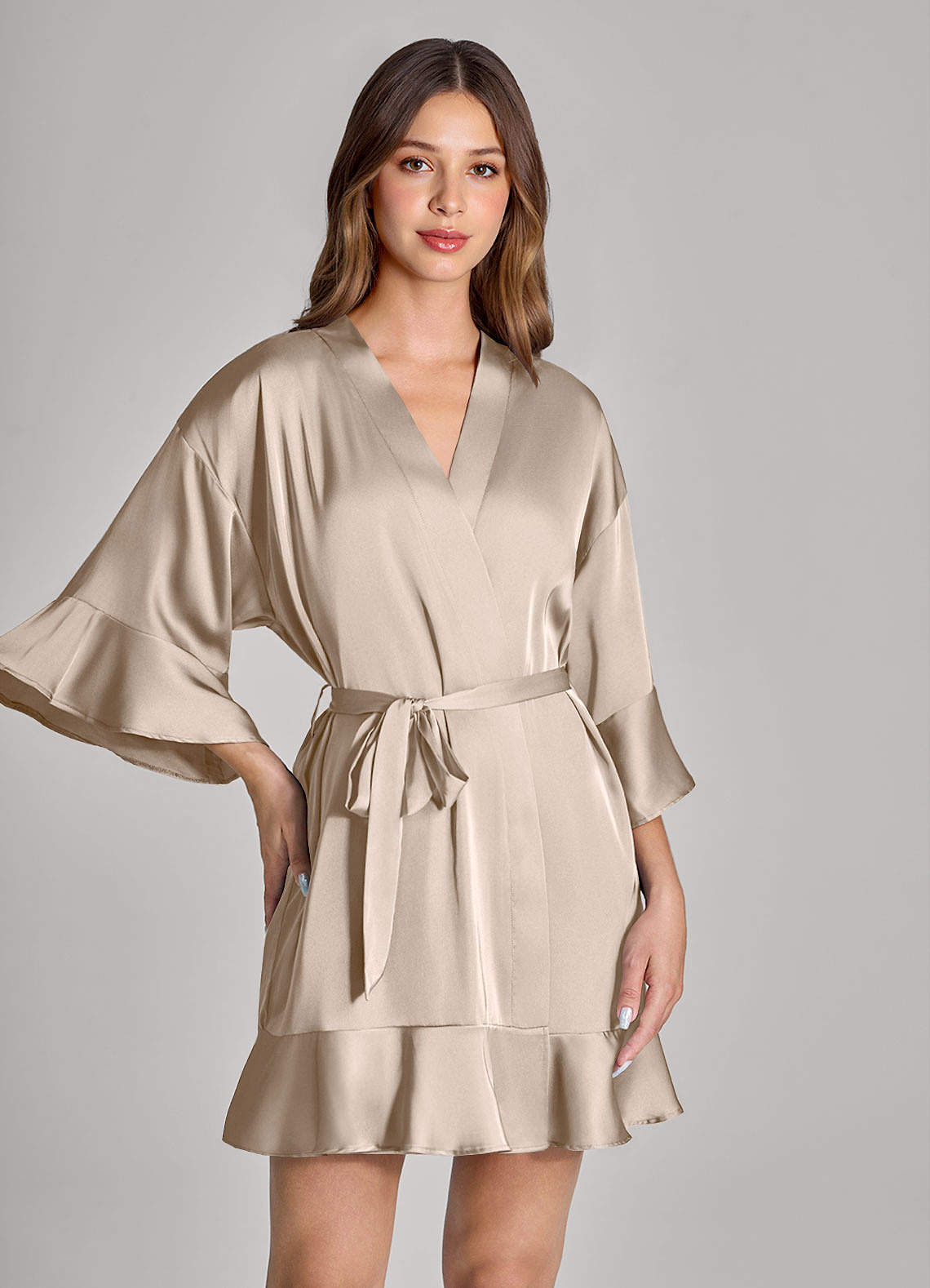 front Matching Color 2-Piece Ruffle Satin Robe and Slip Set
