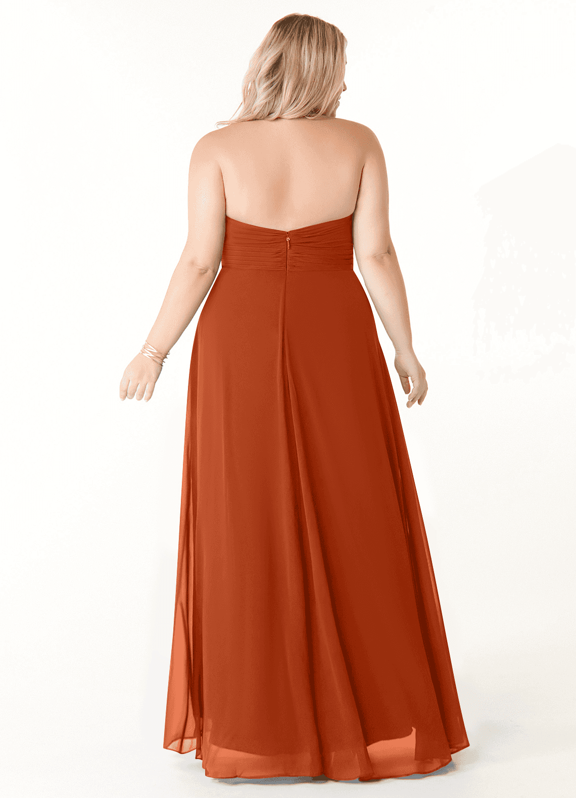 Azazie Tessie Vestidos de damas de honor Vestido de Naranja Quemada de Gasa de Corte en A con Cuello en V plisado image6