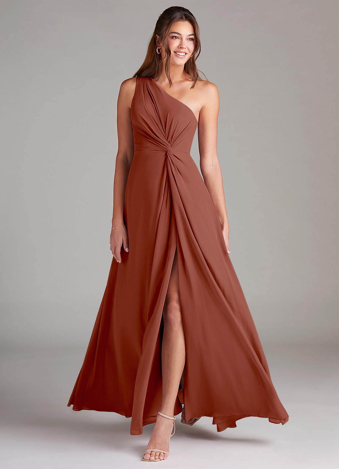 Azazie Brooke Bridesmaid Dresses Auburn A-Line One Shoulder Chiffon Dress image2