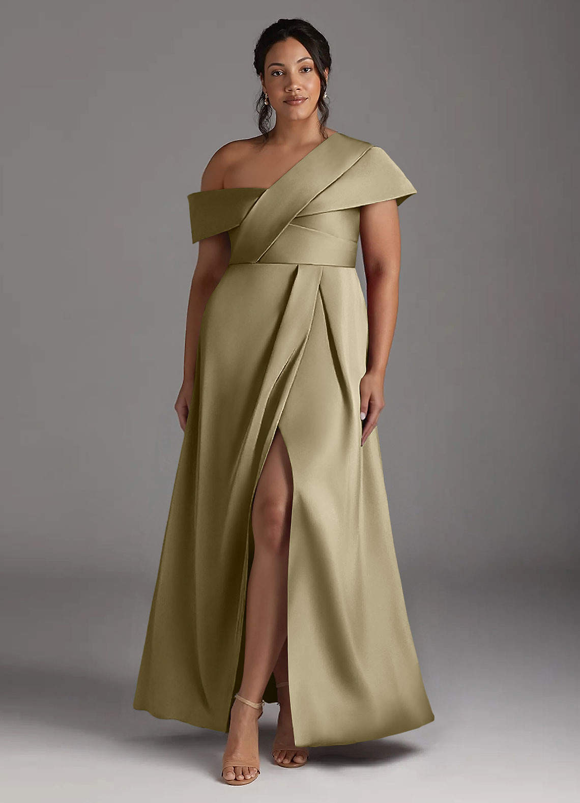 Azazie Milton Mother of the Bride Dresses Moss Green A-Line Pleated Stretch Satin Dress image1
