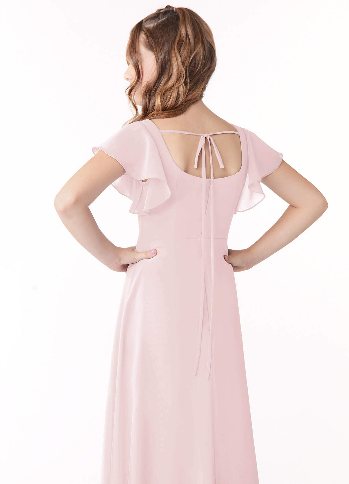 Azazie Bondi Junior Blushing Pink A-Line Bow Chiffon Dress image2