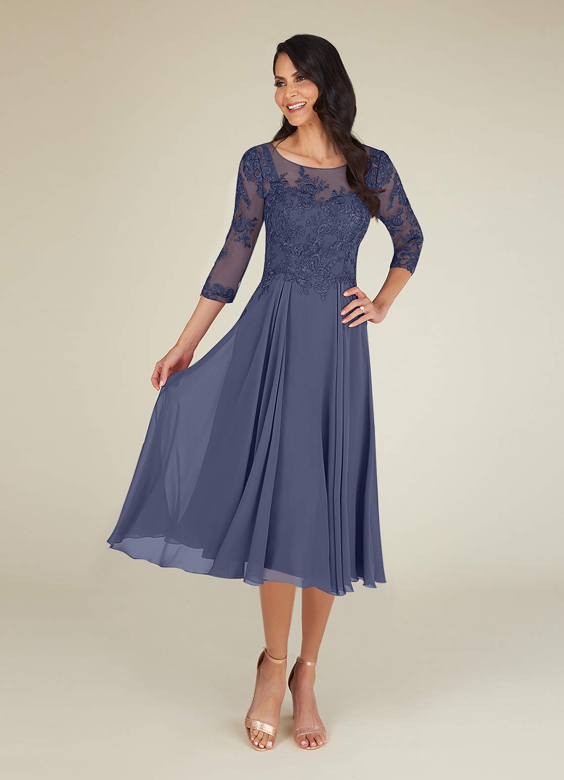 A-Line Lace Applique Chiffon Tea-Length Dress Champagne