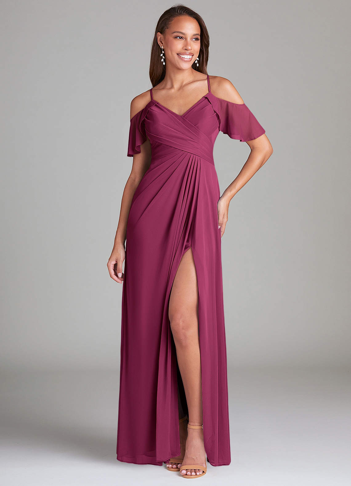 Azazie Dakota Bridesmaid Dresses Mulberry A-Line Off the Shoulder Mesh Dress image1