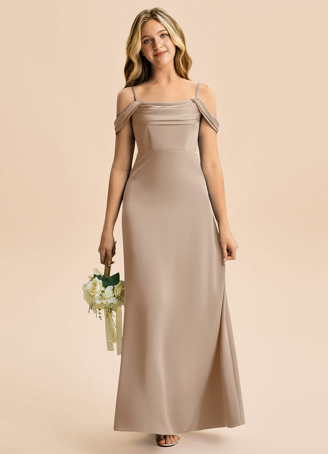 Azazie Lettie Junior Taupe A-Line Off the Shoulder Stretch Satin Dress image1