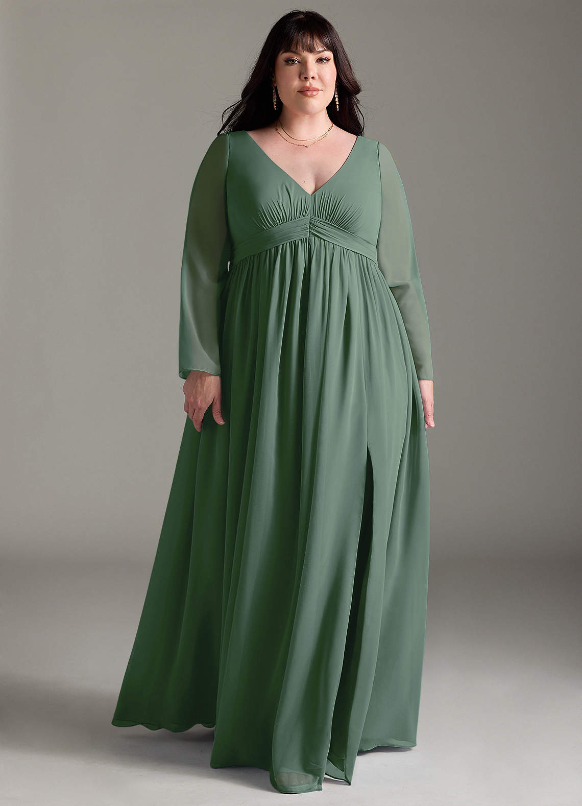 Azazie Teton Vestidos de dama de honra para maternidade Vestido Linha A Manga comprida Comprimento do chão Chiffon image8