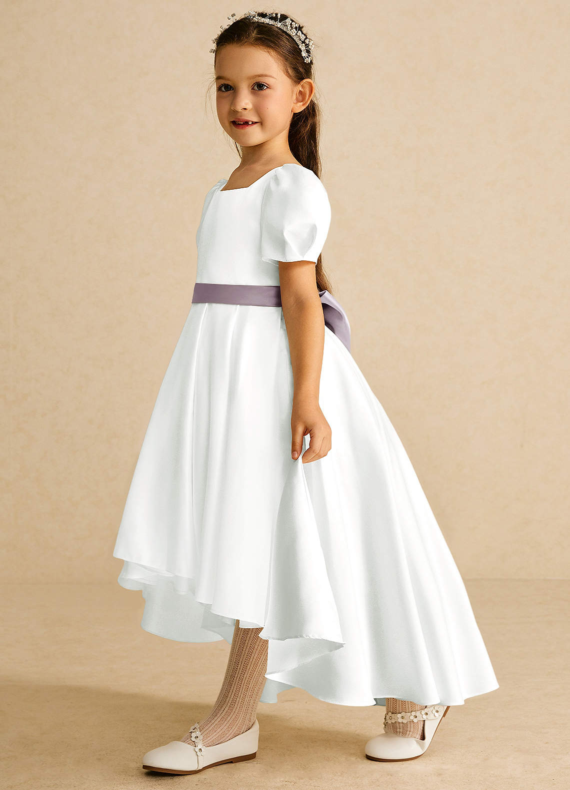 Azazie Zippy Flower Girl Dresses Ivory Dusk A-Line with Sleeves Matte Satin Dress image1