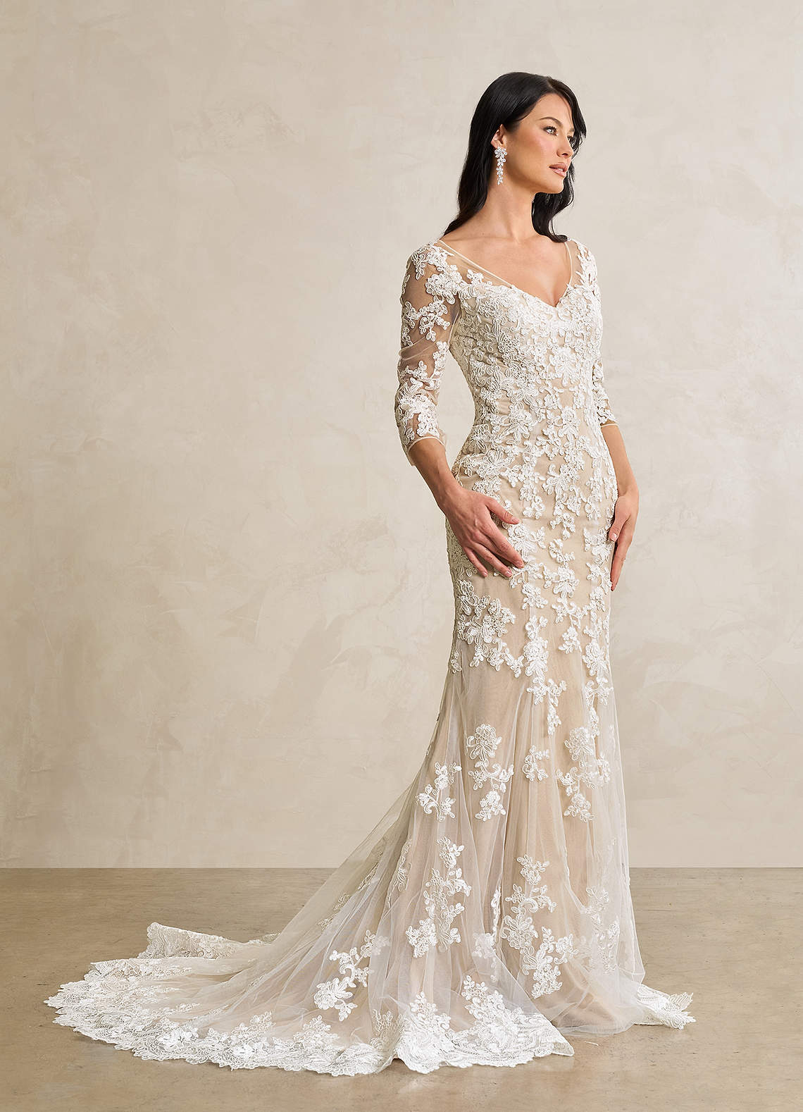 Azazie Neela Wedding Dresses Diamond White Sand Mermaid V-Neck Lace Tulle Dress image1