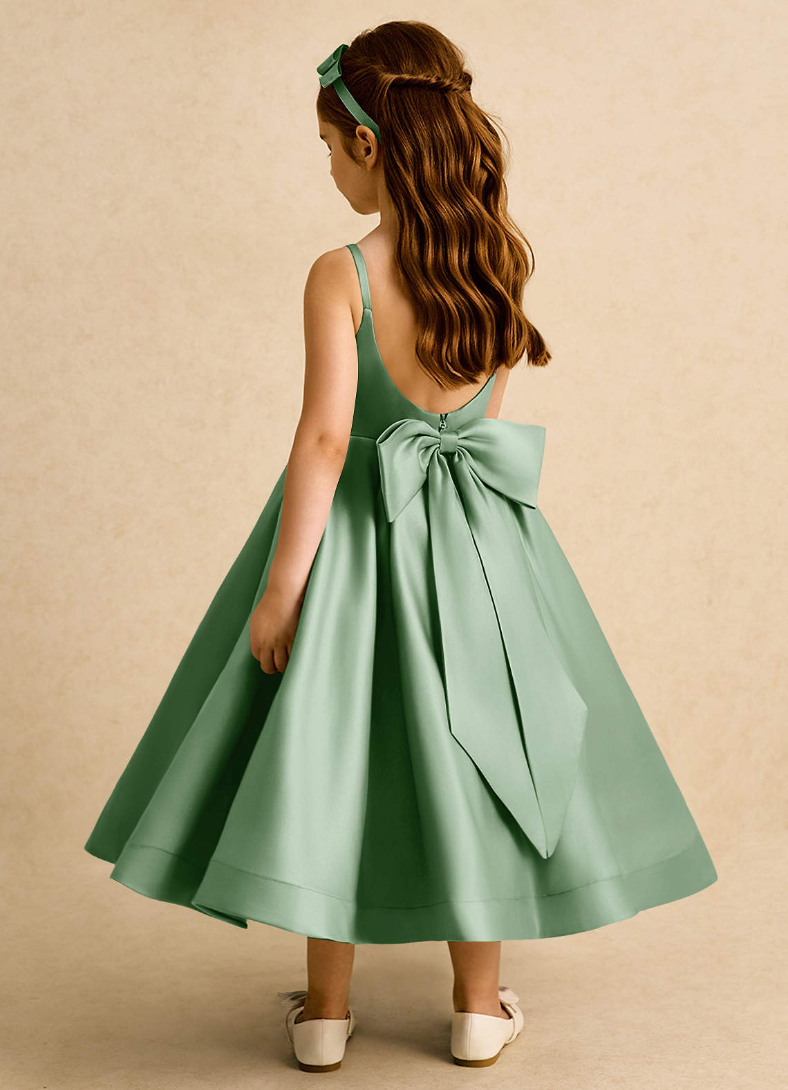 Azazie Babs Flower Girl Dresses Matcha Ball-Gown Pleated Matte Satin Dress image1