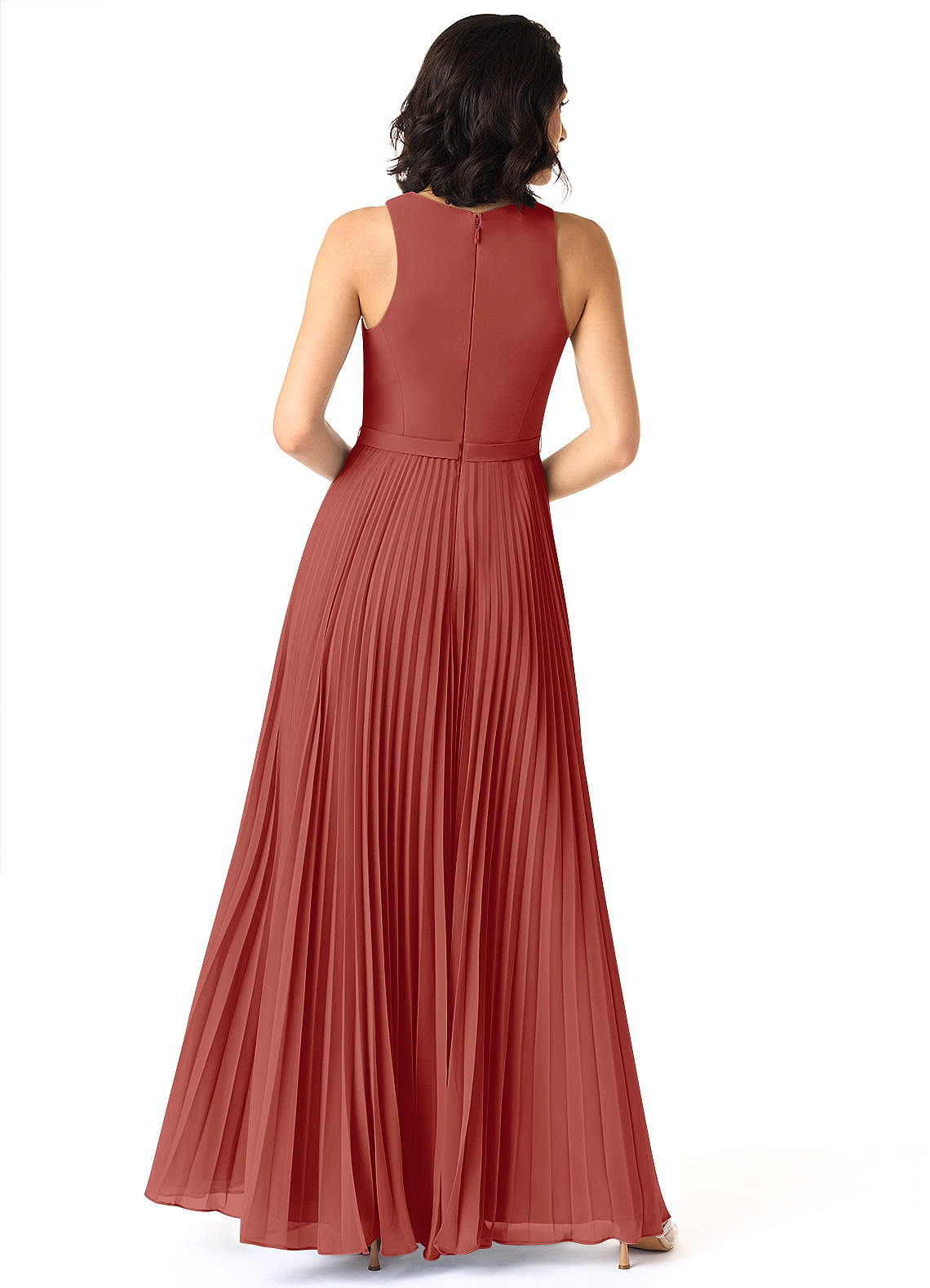 Azazie Lindie Robes de demoiselle d'honneur Robe Trapèze en Mousseline de soie Plissé à encolure dégagée Terracotta image1