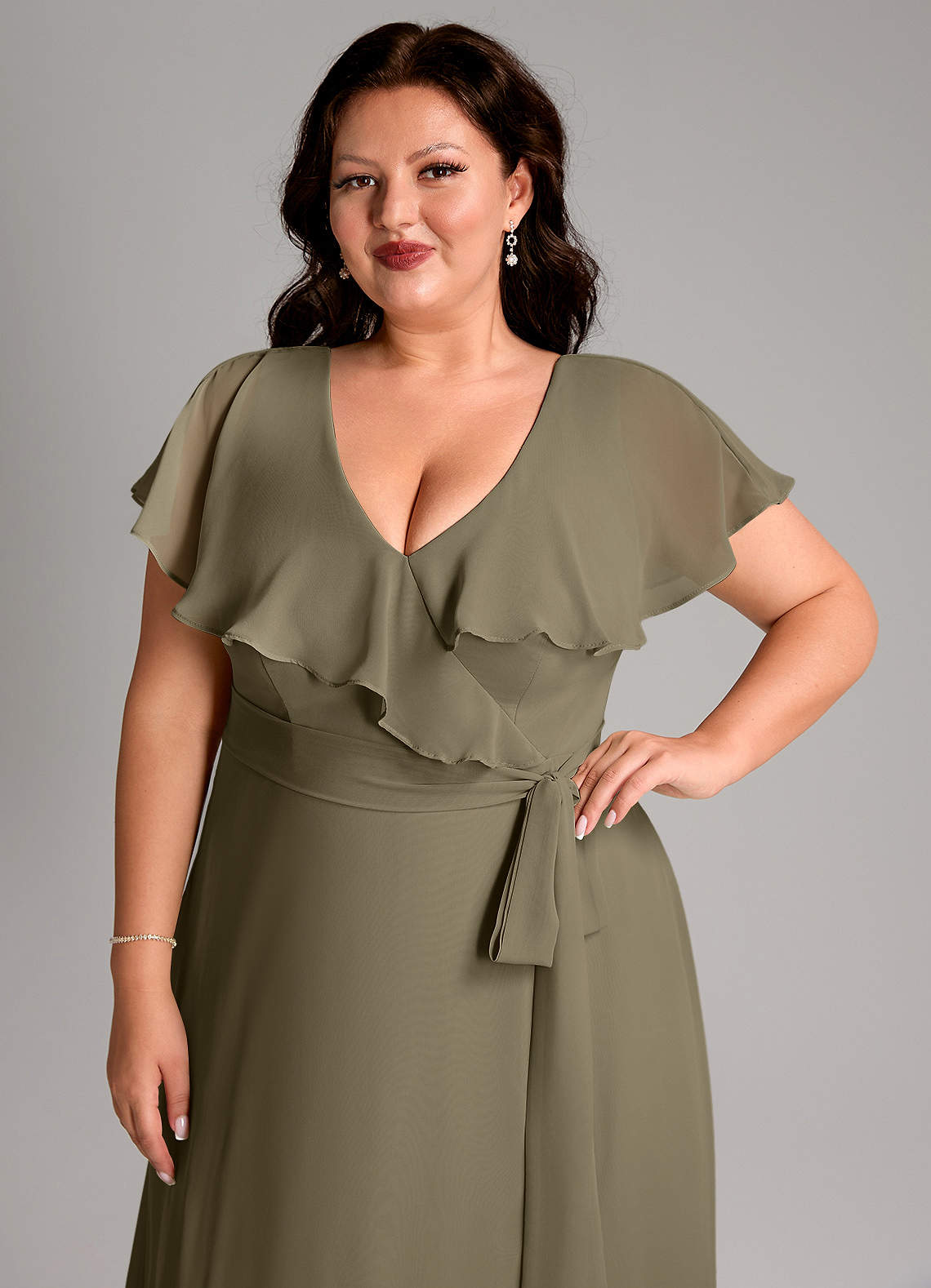 Azazie Lainey At-home Try On Dresses Dusty Sage A-Line with Pockets Chiffon Dress image12